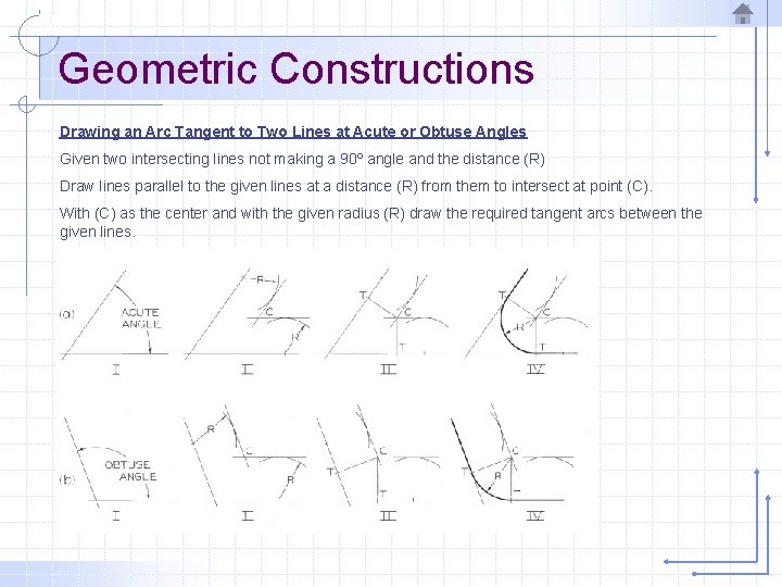 Geometric Constructions Drawing an Arc Tangent to Two Lines at Acute or Obtuse Angles