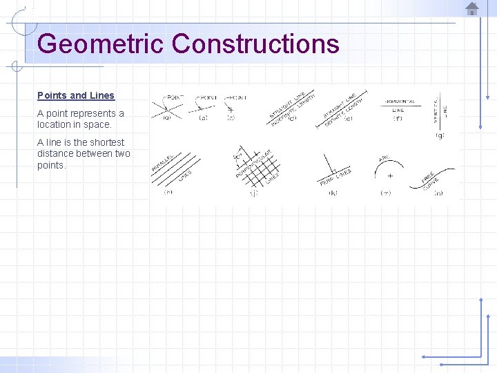 Geometric Constructions Points and Lines A point represents a location in space. A line