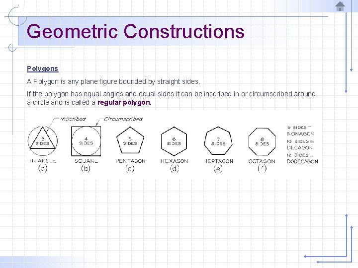 Geometric Constructions Polygons A Polygon is any plane figure bounded by straight sides. If
