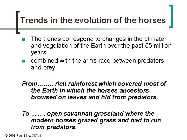 Trends in the evolution of the horses n n The trends correspond to changes