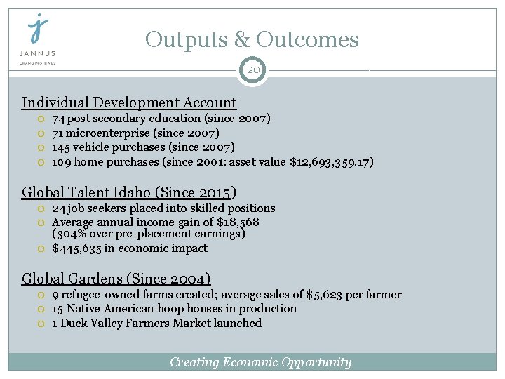 Outputs & Outcomes 20 Individual Development Account 74 post secondary education (since 2007) 71 Outputs & Outcomes 20 Individual Development Account 74 post secondary education (since 2007) 71