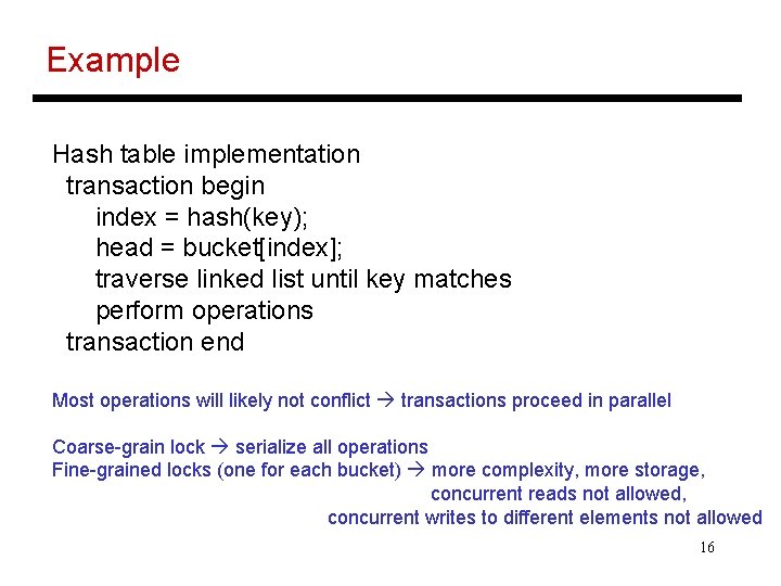 Example Hash table implementation transaction begin index = hash(key); head = bucket[index]; traverse linked