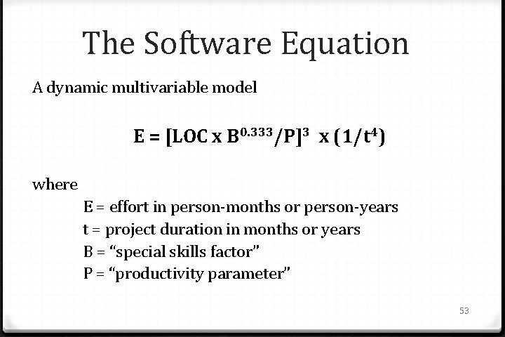 The Software Equation A dynamic multivariable model E = [LOC x B 0. 333/P]3
