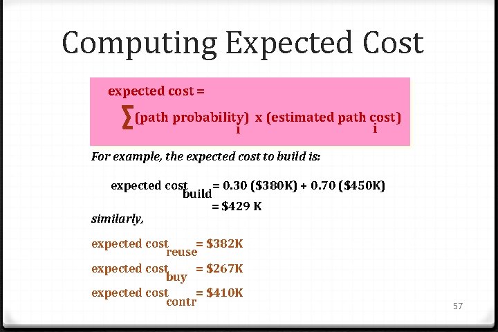 Computing Expected Cost expected cost = (path probability) x (estimated path cost) i i