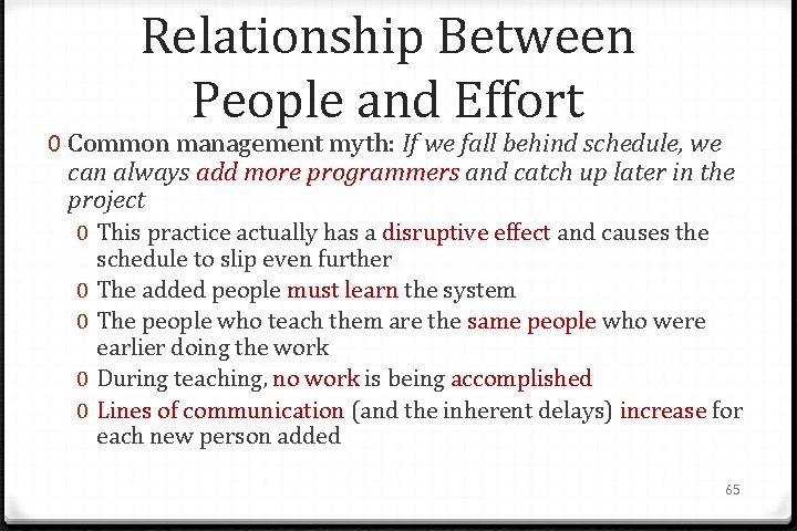 Relationship Between People and Effort 0 Common management myth: If we fall behind schedule,