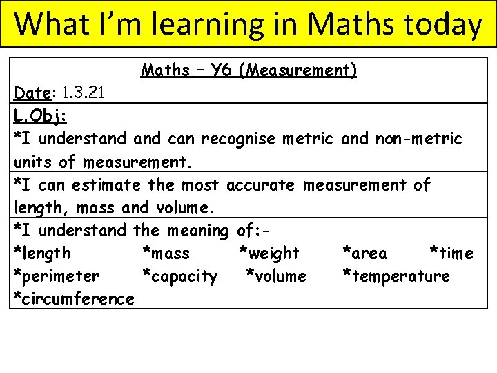 What I’m learning in Maths today Maths – Y 6 (Measurement) Date: 1. 3.