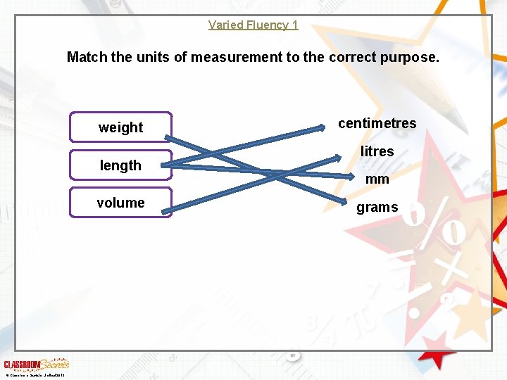 Varied Fluency 1 Match the units of measurement to the correct purpose. weight length