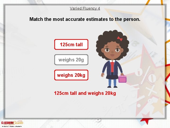 Varied Fluency 4 Match the most accurate estimates to the person. 125 cm tall