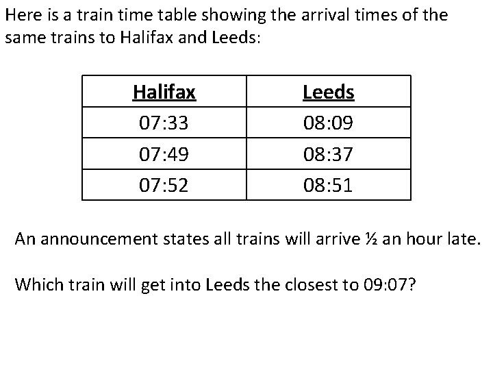 Here is a train time table showing the arrival times of the same trains