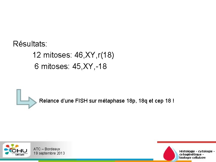 Résultats: 12 mitoses: 46, XY, r(18) 6 mitoses: 45, XY, -18 Relance d’une FISH