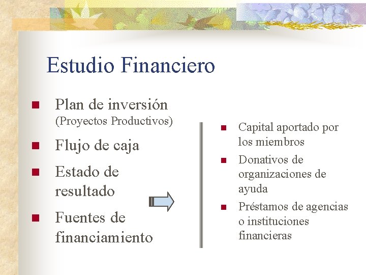 Estudio Financiero n Plan de inversión (Proyectos Productivos) n n Flujo de caja Estado