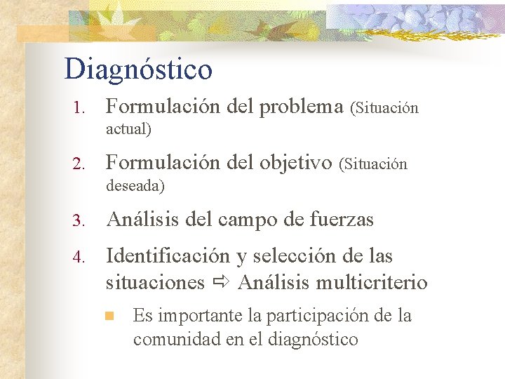 Diagnóstico 1. Formulación del problema (Situación actual) 2. Formulación del objetivo (Situación deseada) 3.