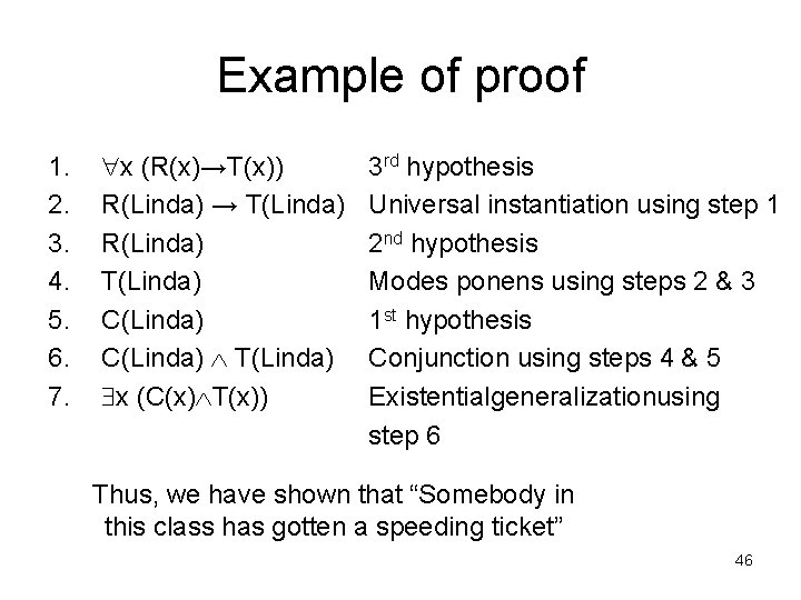 Example of proof 1. 2. 3. 4. 5. 6. 7. x (R(x)→T(x)) R(Linda) →