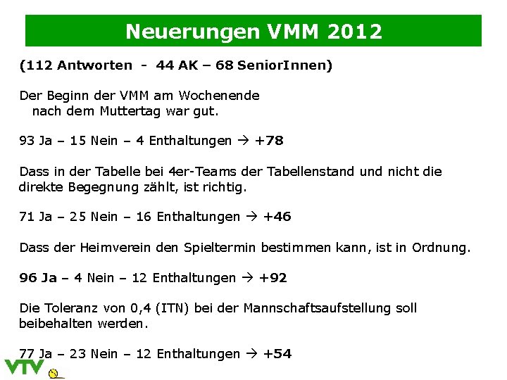 Neuerungen VMM 2012 (112 Antworten - 44 AK – 68 Senior. Innen) Der Beginn