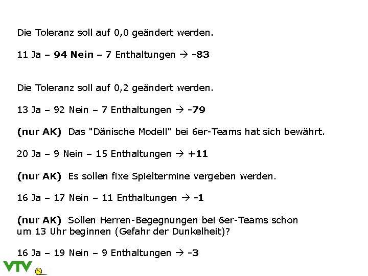 Die Toleranz soll auf 0, 0 geändert werden. 11 Ja – 94 Nein –