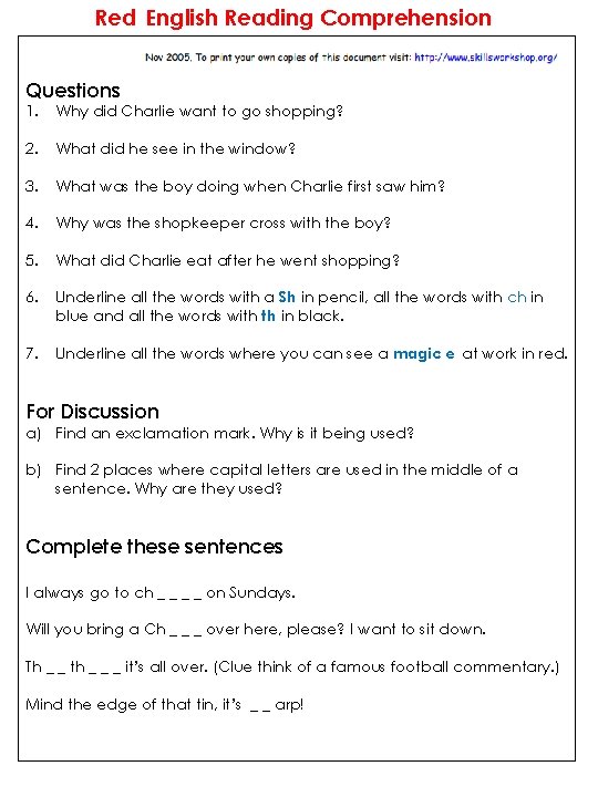 Red English Reading Comprehension Questions 1. Why did Charlie want to go shopping? 2.