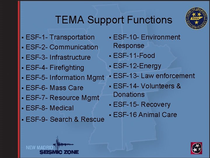 TEMA Support Functions ESF-1 - Transportation § ESF-2 - Communication § ESF-3 - Infrastructure