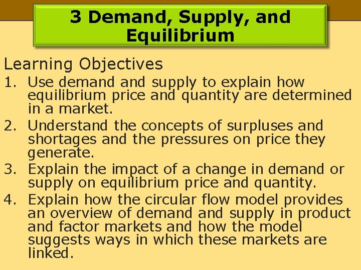 3 Demand, Supply, and Equilibrium Learning Objectives 1. Use demand supply to explain how