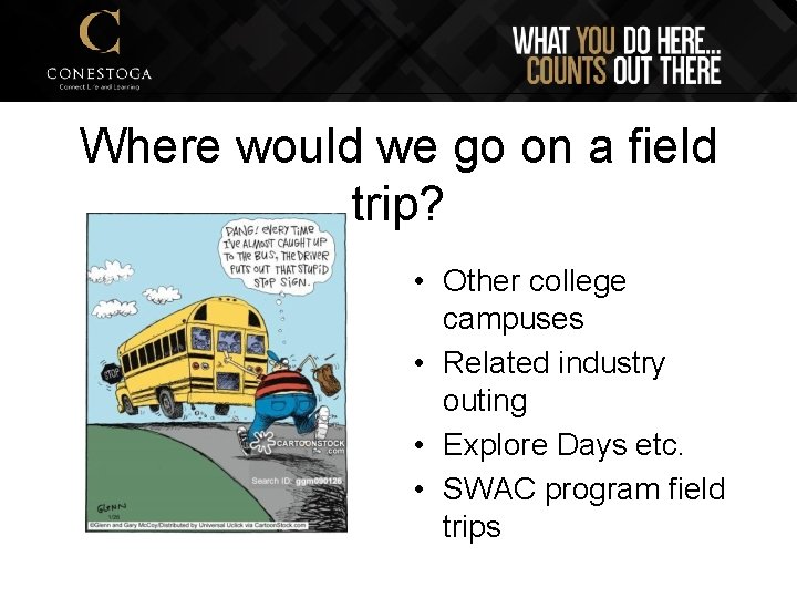 Where would we go on a field trip? • Other college campuses • Related