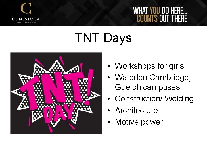 TNT Days • Workshops for girls • Waterloo Cambridge, Guelph campuses • Construction/ Welding
