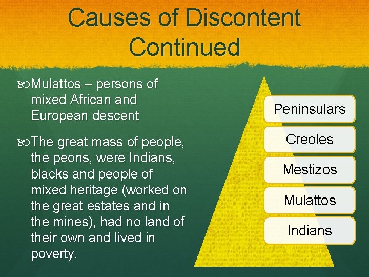 Causes of Discontent Continued Mulattos – persons of mixed African and European descent The