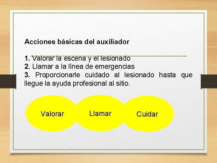 Acciones básicas del auxiliador 1. Valorar la escena y el lesionado 2. Llamar a Acciones básicas del auxiliador 1. Valorar la escena y el lesionado 2. Llamar a