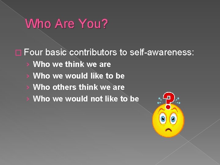 Who Are You? � Four › › basic contributors to self-awareness: Who we think