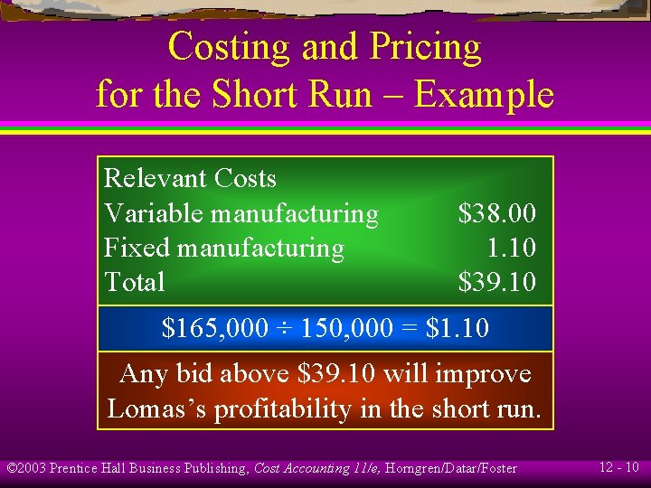 Costing and Pricing for the Short Run – Example Relevant Costs Variable manufacturing Fixed