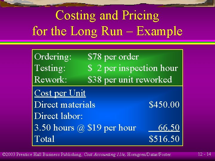 Costing and Pricing for the Long Run – Example Ordering: $78 per order Testing: