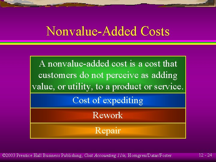 Nonvalue-Added Costs A nonvalue-added cost is a cost that customers do not perceive as