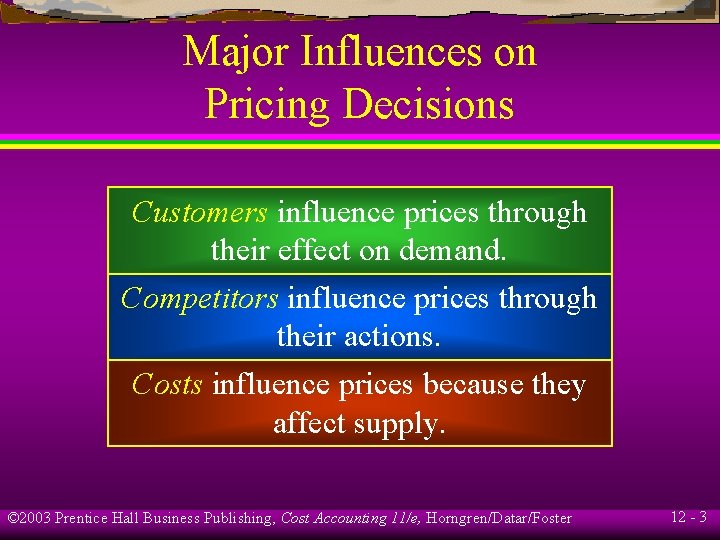 Major Influences on Pricing Decisions Customers influence prices through their effect on demand. Competitors