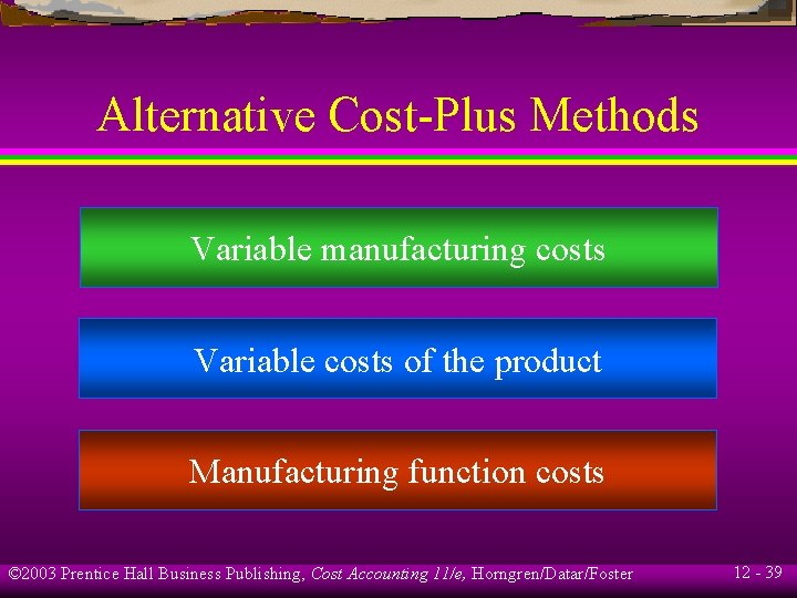 Alternative Cost-Plus Methods Variable manufacturing costs Variable costs of the product Manufacturing function costs