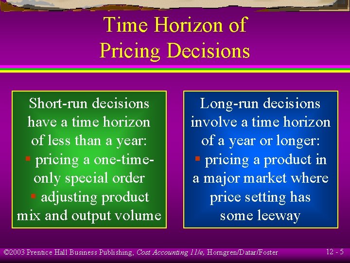 Time Horizon of Pricing Decisions Short-run decisions have a time horizon of less than