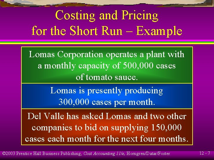 Costing and Pricing for the Short Run – Example Lomas Corporation operates a plant