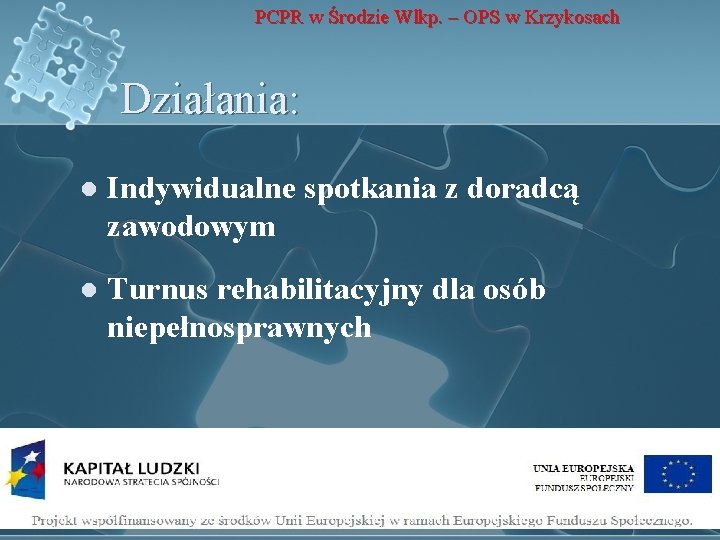 PCPR w Środzie Wlkp. – OPS w Krzykosach Działania: l Indywidualne spotkania z doradcą