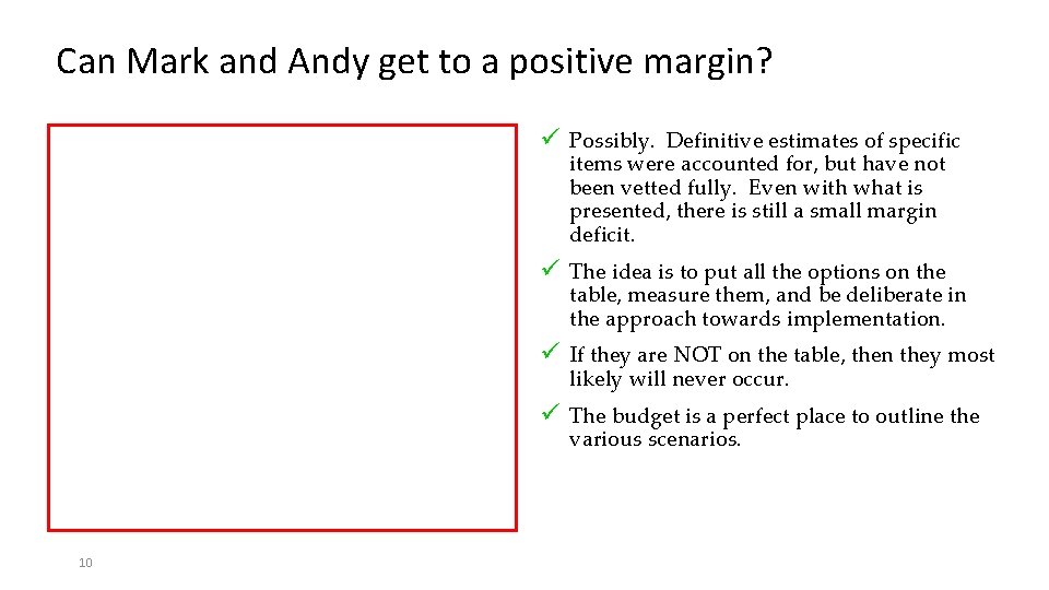 Can Mark and Andy get to a positive margin? ü Possibly. Definitive estimates of