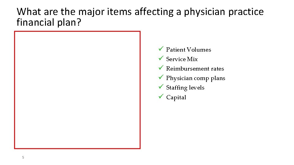 What are the major items affecting a physician practice financial plan? ü ü ü