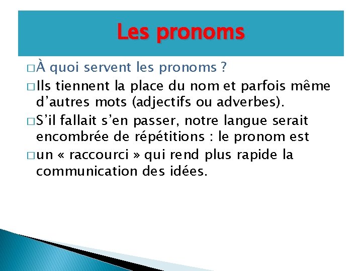 Les pronoms �À quoi servent les pronoms ? � Ils tiennent la place du