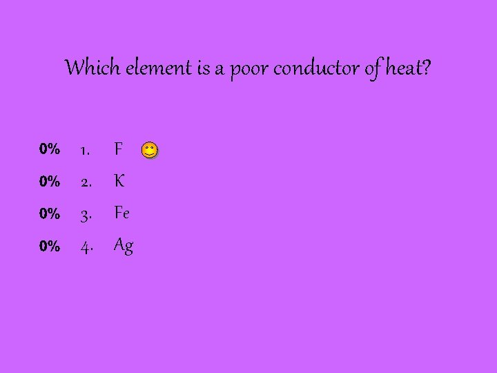 Which element is a poor conductor of heat? 1. 2. 3. 4. F K