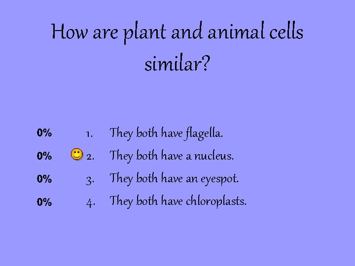 How are plant and animal cells similar? 1. 2. 3. 4. They both have