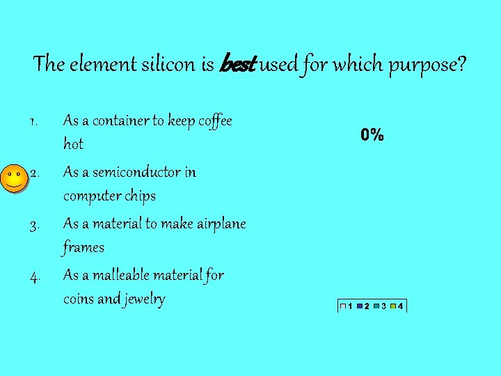 The element silicon is best used for which purpose? 1. 2. 3. 4. As