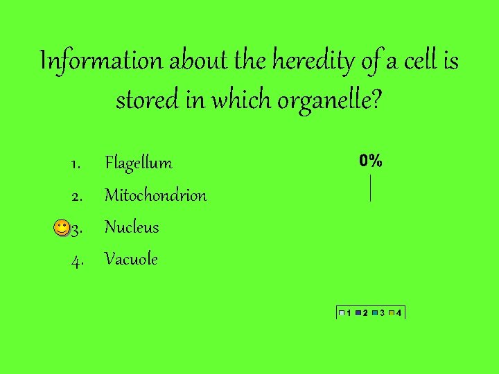 Information about the heredity of a cell is stored in which organelle? 1. 2.