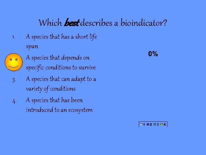 Which best describes a bioindicator? 1. 2. 3. 4. A species that has a