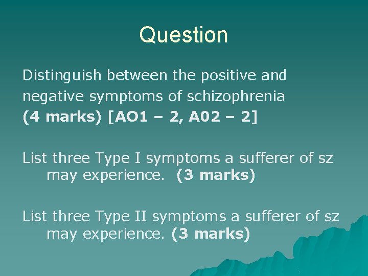 Question Distinguish between the positive and negative symptoms of schizophrenia (4 marks) [AO 1