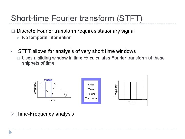 Short-time Fourier transform (STFT) � Discrete Fourier transform requires stationary signal Ø • STFT