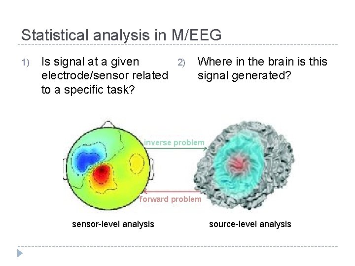 Statistical analysis in M/EEG 1) Is signal at a given electrode/sensor related to a