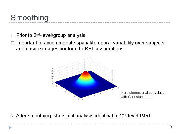 Smoothing Prior to 2 nd-level/group analysis � Important to accommodate spatial/temporal variability over subjects
