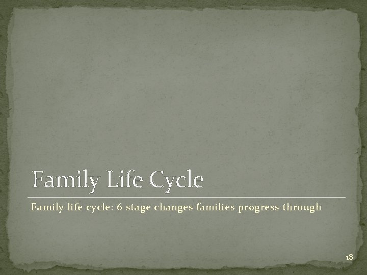Family Life Cycle Family life cycle: 6 stage changes families progress through 18 
