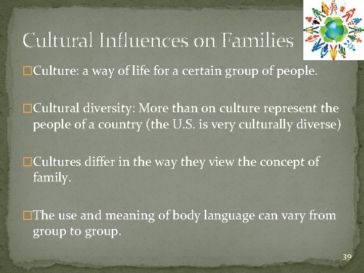 Cultural Influences on Families �Culture: a way of life for a certain group of