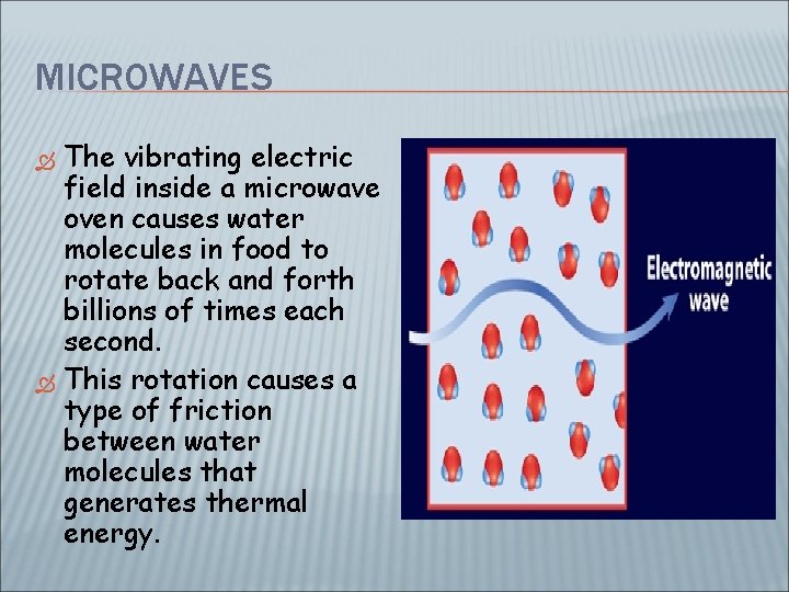MICROWAVES The vibrating electric field inside a microwave oven causes water molecules in food